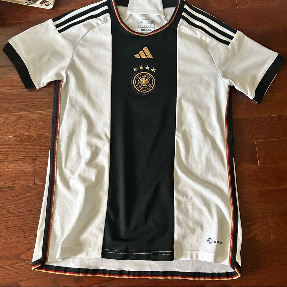 Adidas Black and White Soccer Jersey with Gold Accents